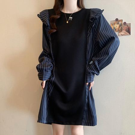 FA41390# 秋季新款大码女装时尚设计感小众拼接收腰显瘦中长连衣裙 服裝批發女裝批發服飾貨源