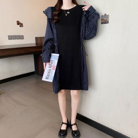 FA41390# 秋季新款大码女装时尚设计感小众拼接收腰显瘦中长连衣裙 服裝批發女裝批發服飾貨源