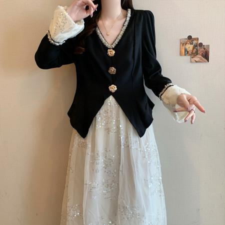 FA41392# 秋季新款大码女装法式高级感时尚收腰显瘦假两件连衣裙 服裝批發女裝批發服飾貨源