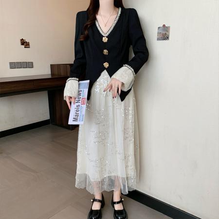 FA41392# 秋季新款大码女装法式高级感时尚收腰显瘦假两件连衣裙 服裝批發女裝批發服飾貨源