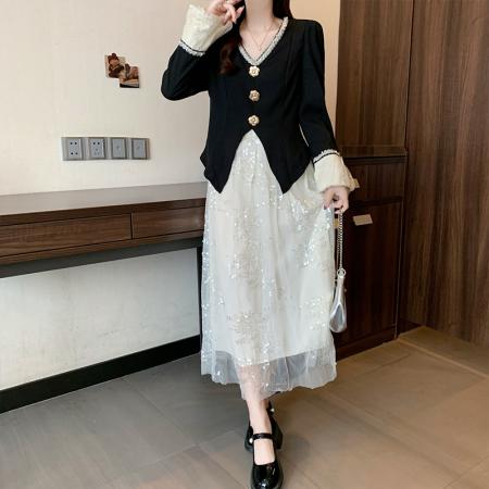FA41392# 秋季新款大码女装法式高级感时尚收腰显瘦假两件连衣裙 服裝批發女裝批發服飾貨源