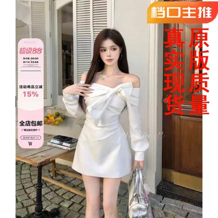 FA41397# 画解WAHJU悉尼海岸早秋千金风蝴蝶结一字肩设计修身显瘦连衣裙 服裝批發女裝批發服飾貨源