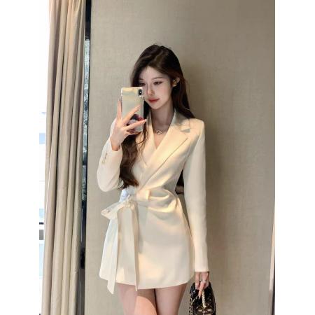 FA41398# 气质缎面中长款西装外套女设计感绑带休闲西服秋季新款 服裝批發女裝批發服飾貨源