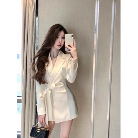 FA41398# 气质缎面中长款西装外套女设计感绑带休闲西服秋季新款 服裝批發女裝批發服飾貨源