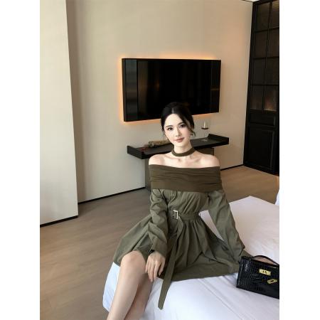 FA41399# 视频新款设计感翻领一字肩气质优雅减龄挂脖连衣裙配腰带 服裝批發女裝批發服飾貨源