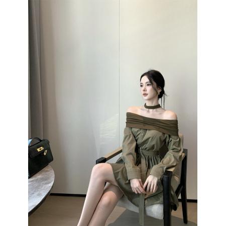 FA41399# 视频新款设计感翻领一字肩气质优雅减龄挂脖连衣裙配腰带 服裝批發女裝批發服飾貨源