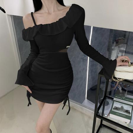 FA41400# 视频新款性感辣妹镂空荷叶边斜肩喇叭袖抽绳显瘦连衣裙 服裝批發女裝批發服飾貨源