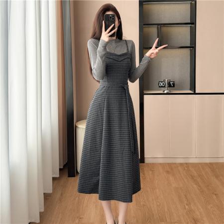 FA41406# 新款法式复古格子吊带连衣裙子深秋初冬穿搭一整套女打底长裙 服裝批發女裝批發服飾貨源
