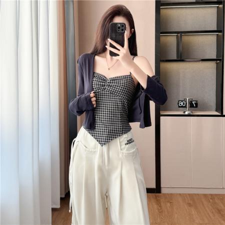 FA41407# 格子吊带+开衫两件套女秋季新款时尚针织上衣套装女外套 服裝批發女裝批發服飾貨源