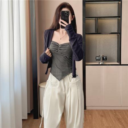 FA41407# 格子吊带+开衫两件套女秋季新款时尚针织上衣套装女外套 服裝批發女裝批發服飾貨源