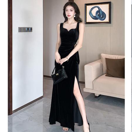 FA41413# 金丝绒性感深V低胸遮肚子开叉吊带长裙夜场ktv拖地晚礼服工装佳丽 服裝批發女裝批發服飾貨源