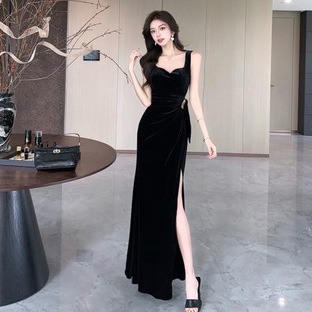 FA41413# 金丝绒性感深V低胸遮肚子开叉吊带长裙夜场ktv拖地晚礼服工装佳丽 服裝批發女裝批發服飾貨源