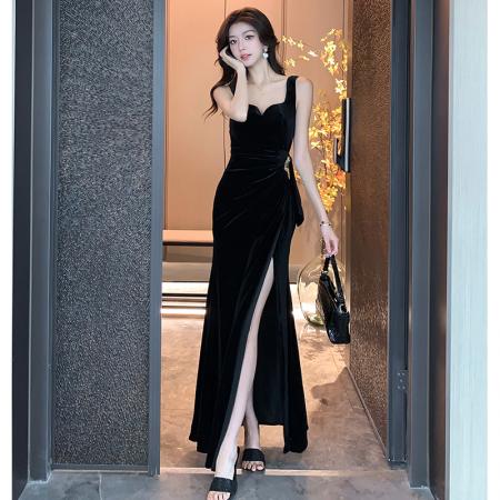 FA41413# 金丝绒性感深V低胸遮肚子开叉吊带长裙夜场ktv拖地晚礼服工装佳丽 服裝批發女裝批發服飾貨源