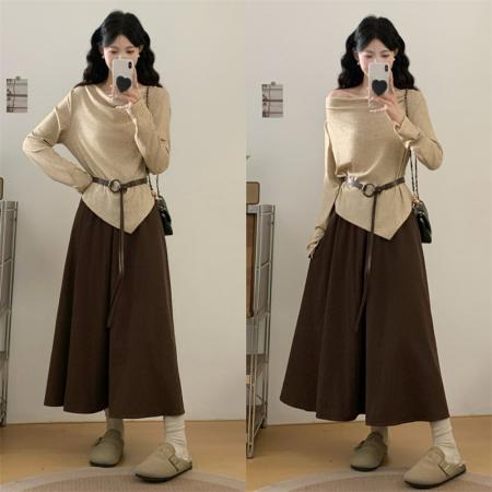 FA41534# 大码森谷小城禅意风显瘦荡领小衫+半身裙套装 服裝批發女裝批發服飾貨源