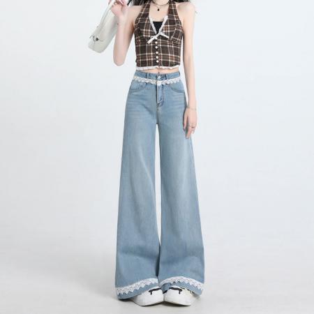 FA41537# 浅色蕾丝花边微喇牛仔裤女秋季新款高腰宽松垂感不贴腿喇叭裤 服裝批發女裝批發服飾貨源