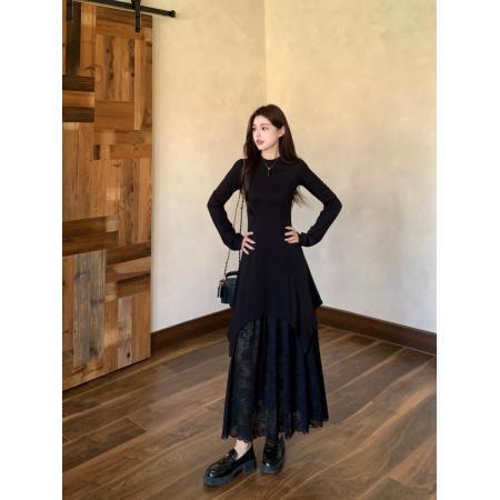 FA41548# 法式赫本风蕾丝拼接圆领连衣裙黑色显瘦气质小个子打底长裙 服裝批發女裝批發服飾貨源