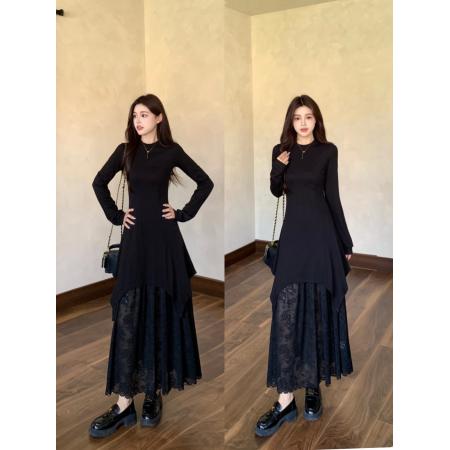 FA41548# 法式赫本风蕾丝拼接圆领连衣裙黑色显瘦气质小个子打底长裙 服裝批發女裝批發服飾貨源