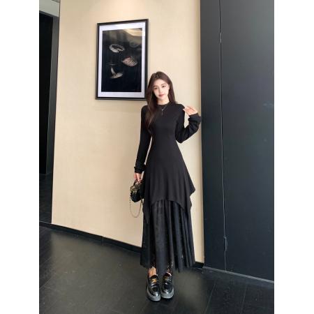 FA41548# 法式赫本风蕾丝拼接圆领连衣裙黑色显瘦气质小个子打底长裙 服裝批發女裝批發服飾貨源