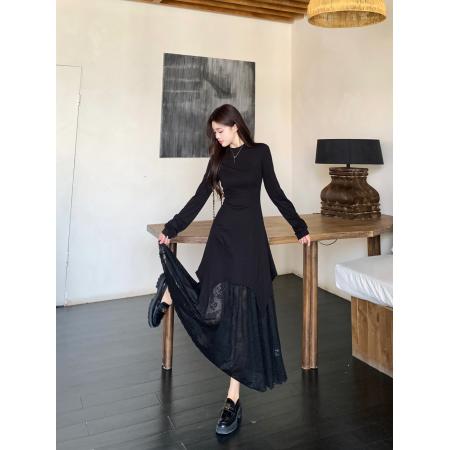 FA41548# 法式赫本风蕾丝拼接圆领连衣裙黑色显瘦气质小个子打底长裙 服裝批發女裝批發服飾貨源