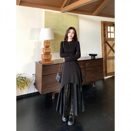 FA41548# 法式赫本风蕾丝拼接圆领连衣裙黑色显瘦气质小个子打底长裙 服裝批發女裝批發服飾貨源