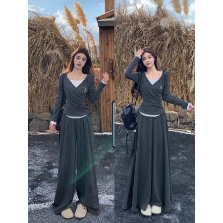 FA41549# 假两件连帽卫衣针织衫女上衣套装韩系通勤显瘦新款两件套 服裝批發女裝批發服飾貨源