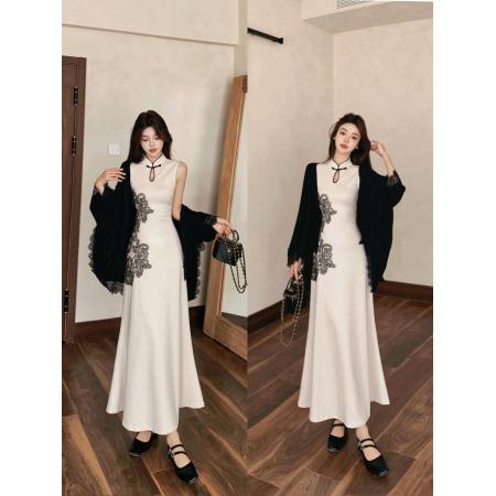 FA41550# 秋冬新中式无袖旗袍针织连衣裙长裙开衫两件套套装 服裝批發女裝批發服飾貨源