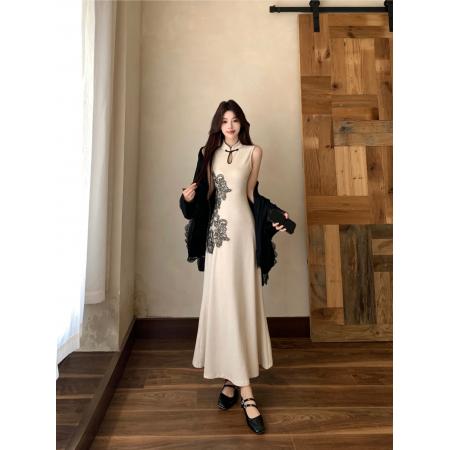 FA41550# 秋冬新中式无袖旗袍针织连衣裙长裙开衫两件套套装 服裝批發女裝批發服飾貨源