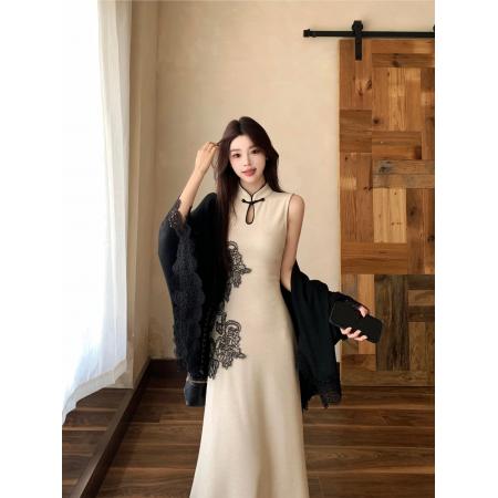 FA41550# 秋冬新中式无袖旗袍针织连衣裙长裙开衫两件套套装 服裝批發女裝批發服飾貨源