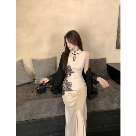 FA41550# 秋冬新中式无袖旗袍针织连衣裙长裙开衫两件套套装 服裝批發女裝批發服飾貨源