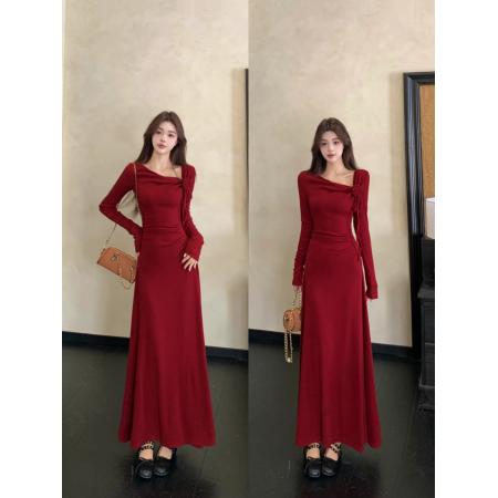 FA41551# 秋冬红色赫本风长袖针织连衣裙温婉收腰显瘦气质长裙回门服 服裝批發女裝批發服飾貨源