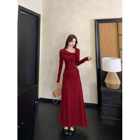 FA41551# 秋冬红色赫本风长袖针织连衣裙温婉收腰显瘦气质长裙回门服 服裝批發女裝批發服飾貨源