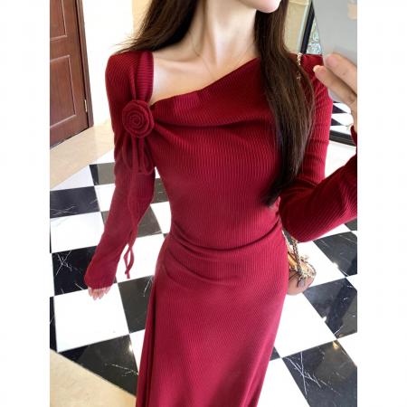 FA41551# 秋冬红色赫本风长袖针织连衣裙温婉收腰显瘦气质长裙回门服 服裝批發女裝批發服飾貨源