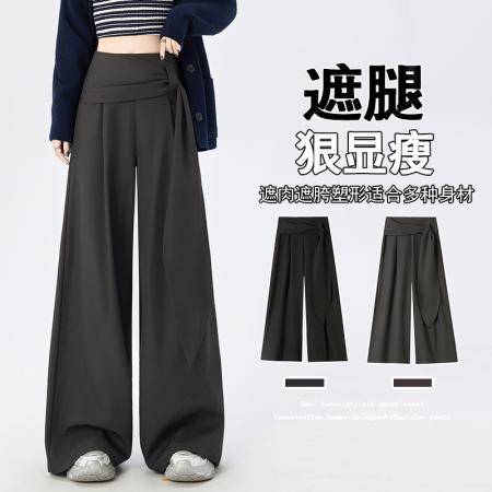 FA41554# 西装阔腿裤女秋冬设计感绑带高腰垂感直筒宽松休闲拖地裤 服裝批發女裝批發服飾貨源