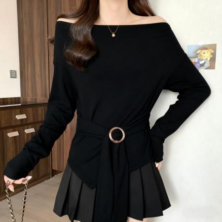 FA41556# 微胖大码女装胖mm显瘦遮肚子长袖T恤胖妹妹洋气减龄不规则上衣 服裝批發女裝批發服飾貨源