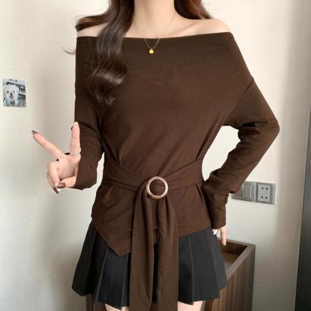FA41556# 微胖大码女装胖mm显瘦遮肚子长袖T恤胖妹妹洋气减龄不规则上衣 服裝批發女裝批發服飾貨源