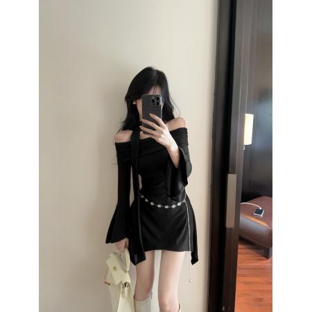 FA41564# 韩版纯欲露肩长袖修身显瘦包臀连衣裙 服裝批發女裝批發服飾貨源