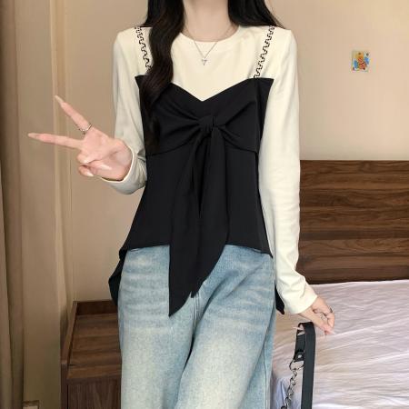 FA41565# 大码女装秋季新款胖MM韩版气质拼接假两件显瘦蝴蝶结绑带上衣 服裝批發女裝批發服飾貨源