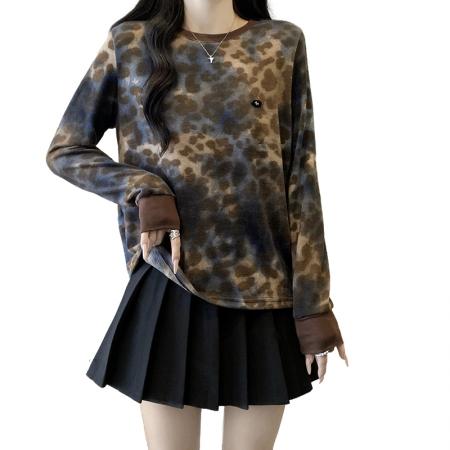 FA41566# 大码女装秋冬新款胖mm韩版时尚圆领豹纹长袖宽松打底上衣 服裝批發女裝批發服飾貨源