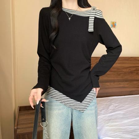 FA41567# 大码女装秋冬新款胖妹妹韩版减龄不规则下摆露肩拼接打底上衣 服裝批發女裝批發服飾貨源