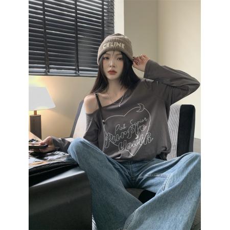 FA41576# 纯棉新款早秋宽松长袖T恤女纯欲设计感 服裝批發女裝批發服飾貨源