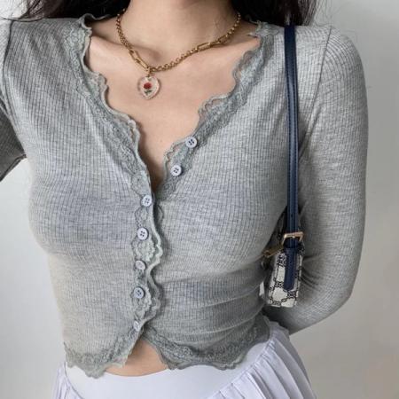 FA41577# 罗纹辣妹蕾丝性感薄款长袖衫女 服裝批發女裝批發服飾貨源