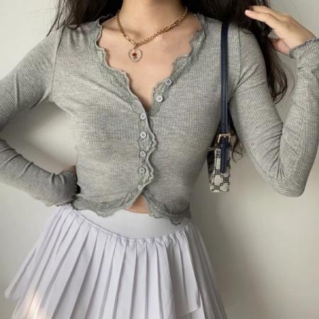 FA41577# 罗纹辣妹蕾丝性感薄款长袖衫女 服裝批發女裝批發服飾貨源