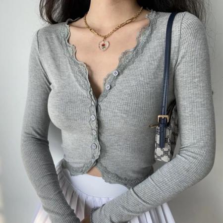 FA41577# 罗纹辣妹蕾丝性感薄款长袖衫女 服裝批發女裝批發服飾貨源
