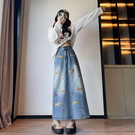 FA41578# 可爱小狗高腰半身裙休闲宽松遮肉显瘦百搭韩版大码女装230斤 服裝批發女裝批發服飾貨源