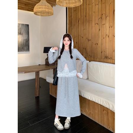 FA41583# 秋装新款胖mm大码女慵懒风亮闪闪拼接蕾丝上衣半身裙套装 服裝批發女裝批發服飾貨源