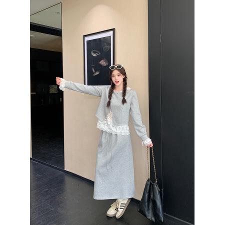 FA41583# 秋装新款胖mm大码女慵懒风亮闪闪拼接蕾丝上衣半身裙套装 服裝批發女裝批發服飾貨源