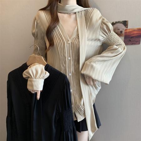 FA41586# 秋季新款V领衬衫女系带小众设计长袖高级感上衣气质衬衣 服裝批發女裝批發服飾貨源