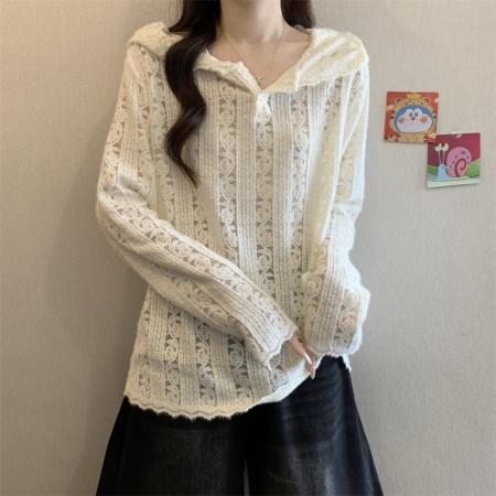 FA41588# 秋装新款大码蕾丝衫女长袖连帽镂空宽松气质内搭打底上衣 服裝批發女裝批發服飾貨源