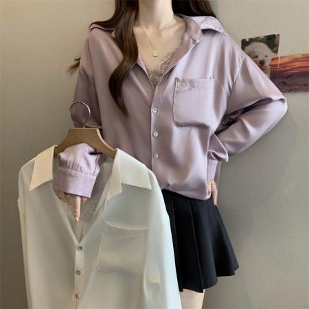 FA41589# 秋装新款法式衬衫女polo领蕾丝拼接长袖宽松大码衬衣 服裝批發女裝批發服飾貨源