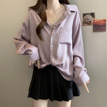FA41589# 秋装新款法式衬衫女polo领蕾丝拼接长袖宽松大码衬衣 服裝批發女裝批發服飾貨源